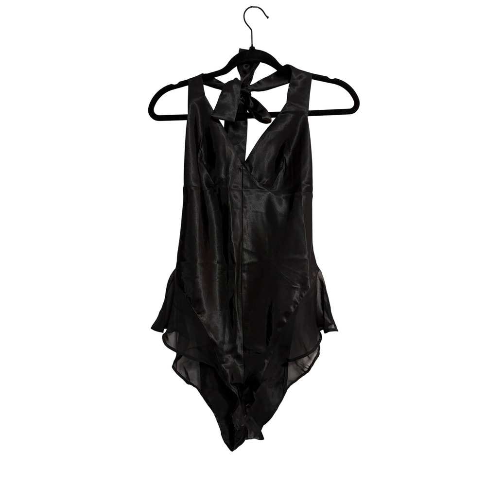 Sultry Satin Black Mesh Ruffle Bow Halter Bodysuit Small